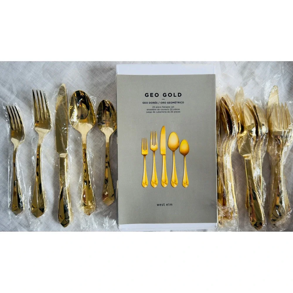 West Elm Geo 24 Karat Gold Electroplate Flatware 20 Pc NIB Original Retail $250